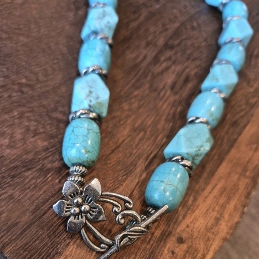 Vtg Chunky Turquoise Nugget Necklace Non-magnetic Silver Tone Spacers - Picture 2 of 10